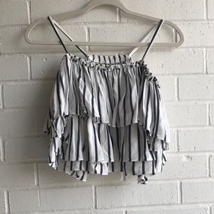 She + Sky Pinstripe Ruffle Off Shoulder Crop Top